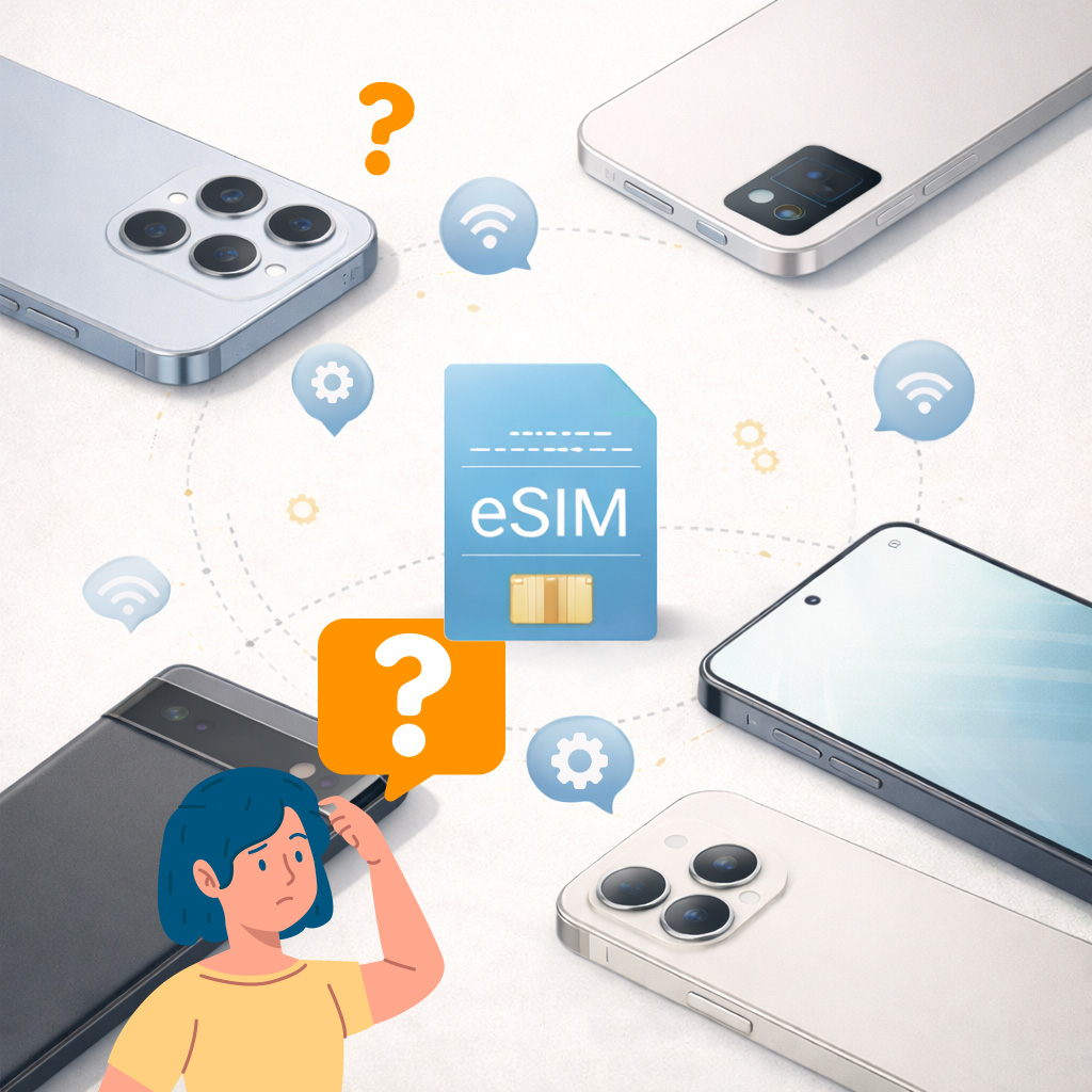 多款不同設計的智慧型手機環繞中央的虛擬 eSIM 圖示，呈現市面常見手機型號皆可支援 eSIM 的概念示意圖