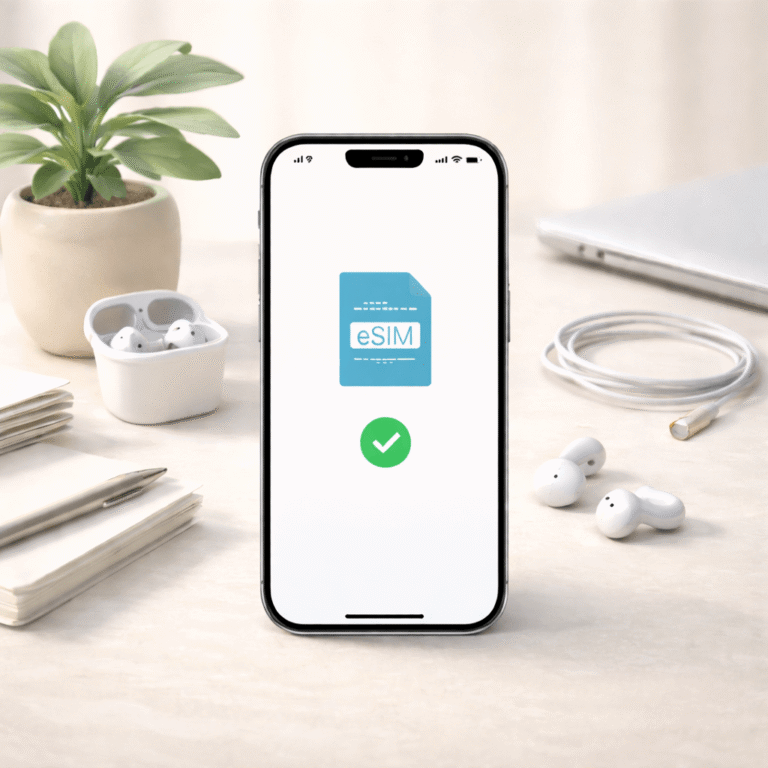 一支置中的智慧型手機顯示 eSIM 連線概念圖示，周圍為簡約桌面與科技配件，象徵新手使用 eSIM 與網路連線設定情境