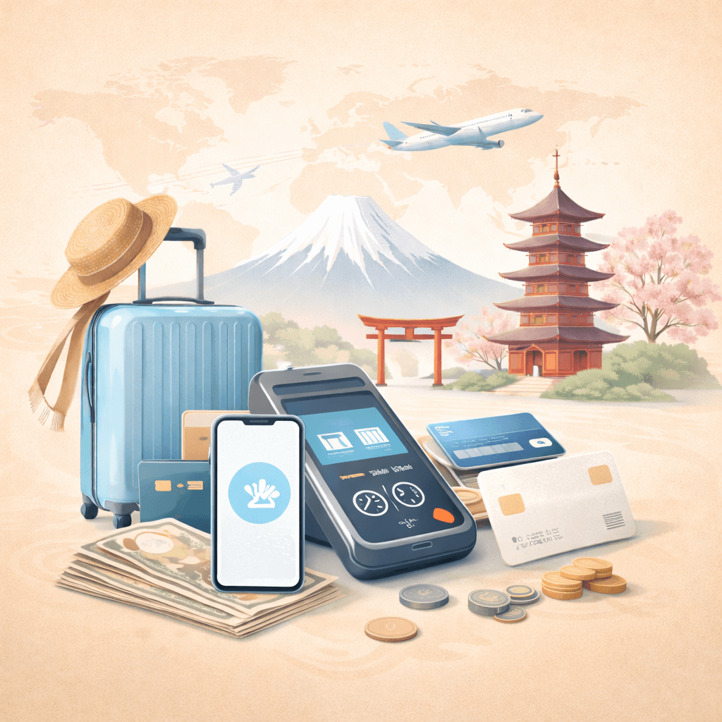 日本旅遊情境插畫，呈現行李箱、智慧型手機、信用卡與現金等多元支付工具，背景為富士山與日本地標，象徵旅途中安全便利的付款方式