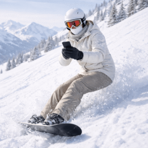 冬季雪山滑雪場景中，一名滑雪板玩家滑行時查看智慧型手機，象徵旅遊途中即時連線與行動上網體驗