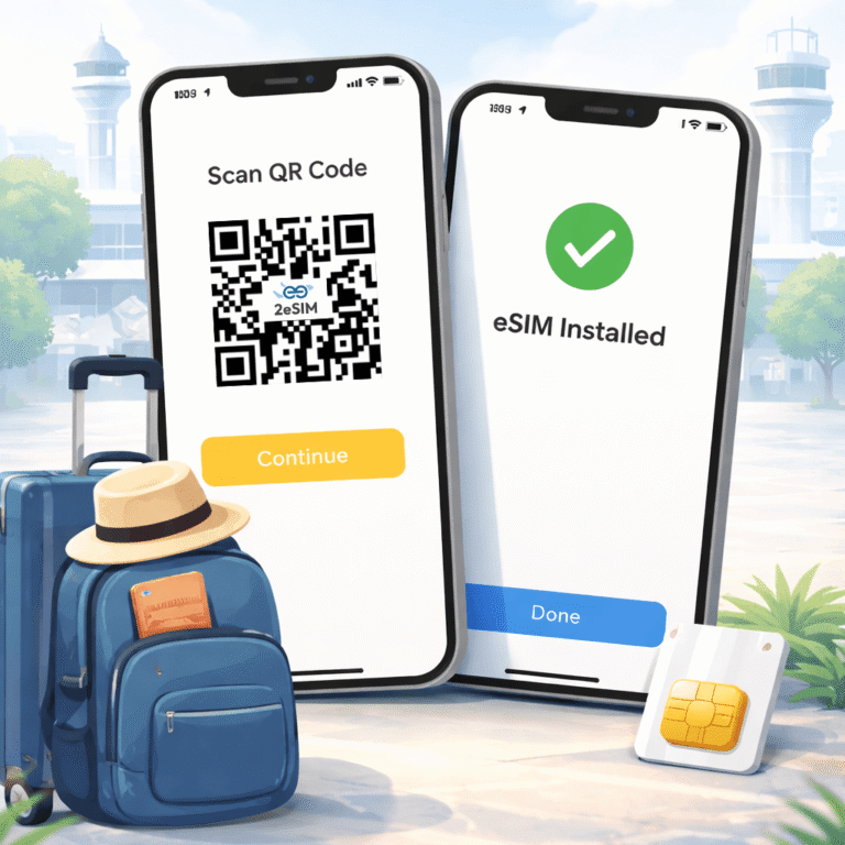iPhone 安裝 eSIM 的示意情境,顯示透過掃描方式完成設定,適合出國前快速啟用行動網路。