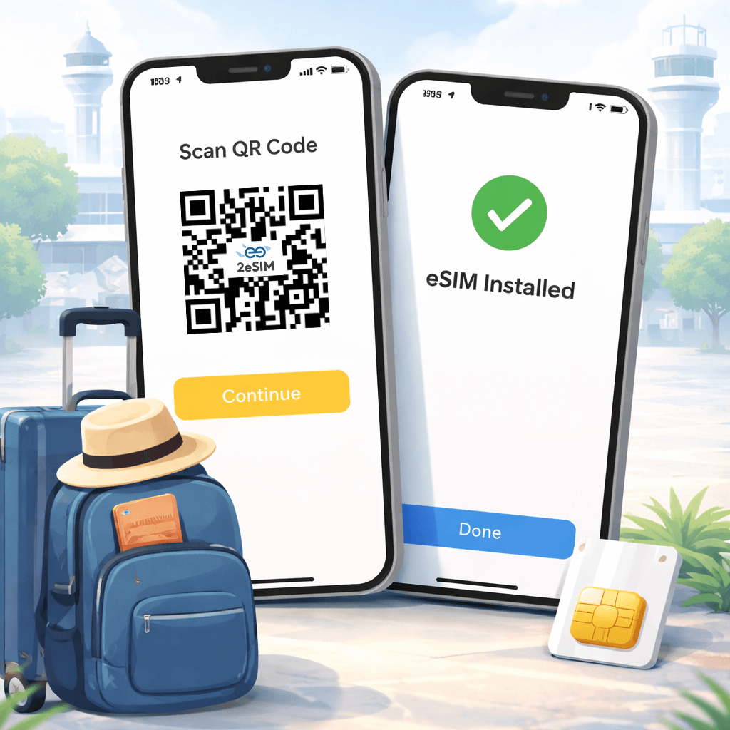 iPhone 安裝 eSIM 的示意情境，顯示透過掃描方式完成設定，適合出國前快速啟用行動網路。