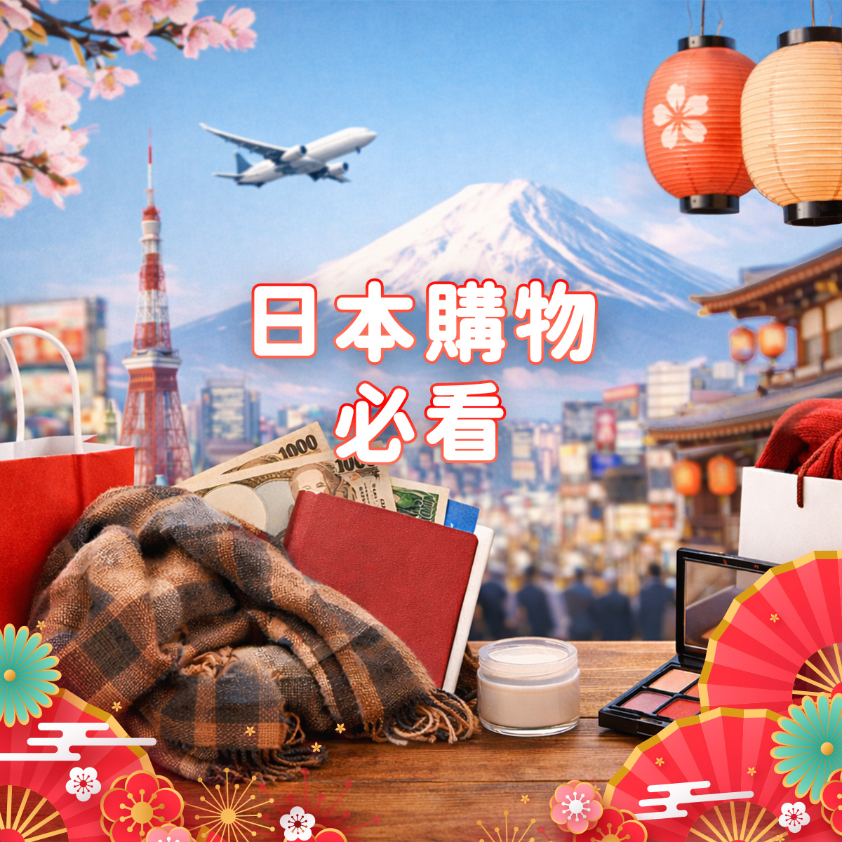 日本旅遊購物情境示意圖，包含富士山與購物用品