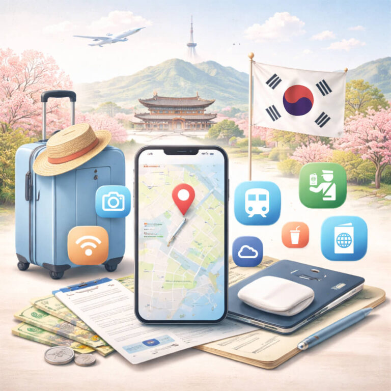 韓國旅遊情境示意圖,包含行李、護照、手機與入境準備用品,象徵旅客出發前需確認入境規定、資料填寫與當地常用 App