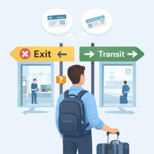 旅客在機場轉機時站在出口與轉機通道之間，示意 Layover 情況下是否需要出境的判斷情境。