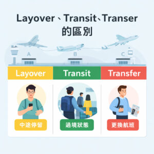 Layover、Transit、Transfer 的差別示意圖，說明轉機時中途停留、過境狀態與換航班三種不同概念，適合第一次搭乘轉機航班的旅客參考。