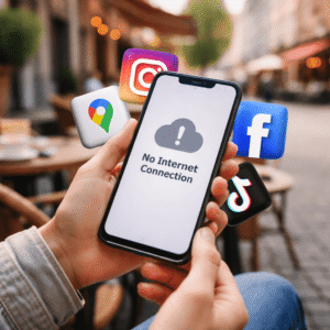 旅客在國外使用手機時出現無法連線的情境，呈現部分 App 在海外網路環境下無法正常使用的狀況。