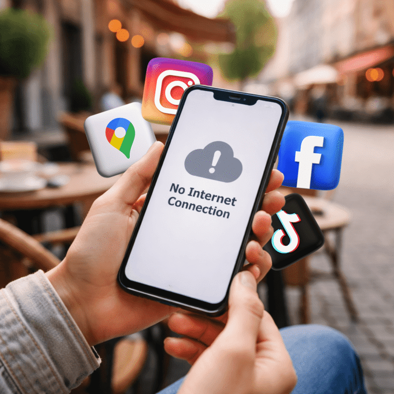 旅客在國外使用手機時出現無法連線的情境，呈現部分 App 在海外網路環境下無法正常使用的狀況。