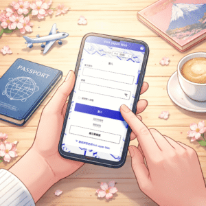 示意旅客在出發前使用手機準備日本入境資料的情境，桌面環境簡潔，搭配少量櫻花元素。