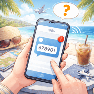 旅客在國外使用手機接收簡訊驗證碼的示意情境，呈現出國期間接收台灣重要訊息的狀況。
