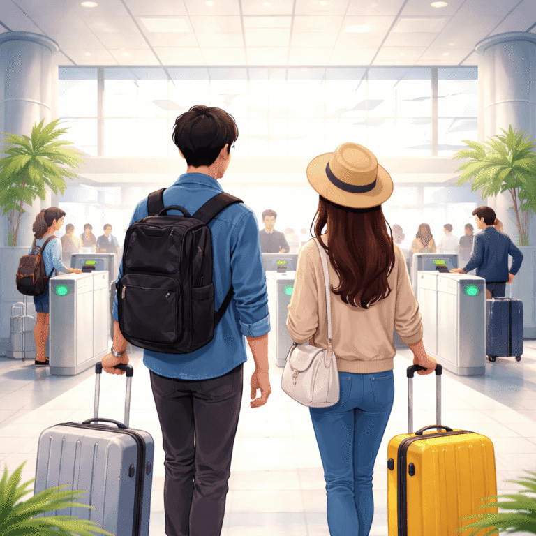 旅客抵達日本機場入境審查區的示意情境,呈現使用快速通關服務進行入境流程的畫面。