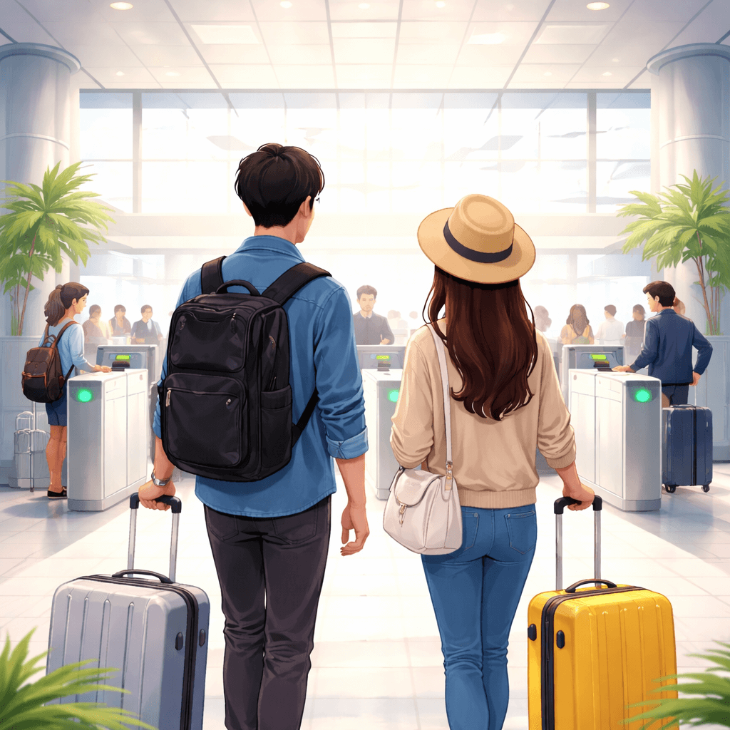 旅客抵達日本機場入境審查區的示意情境，呈現使用快速通關服務進行入境流程的畫面。