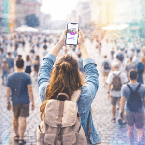 女生在人群中舉高手機上傳照片，象徵在國外使用行動數據進行大量上傳的情境。