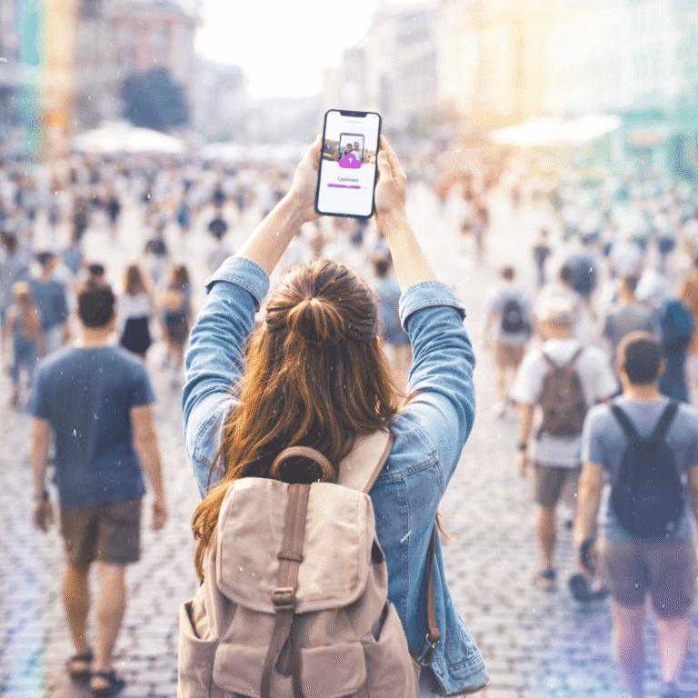 女生在人群中舉高手機上傳照片，象徵在國外使用行動數據進行大量上傳的情境。