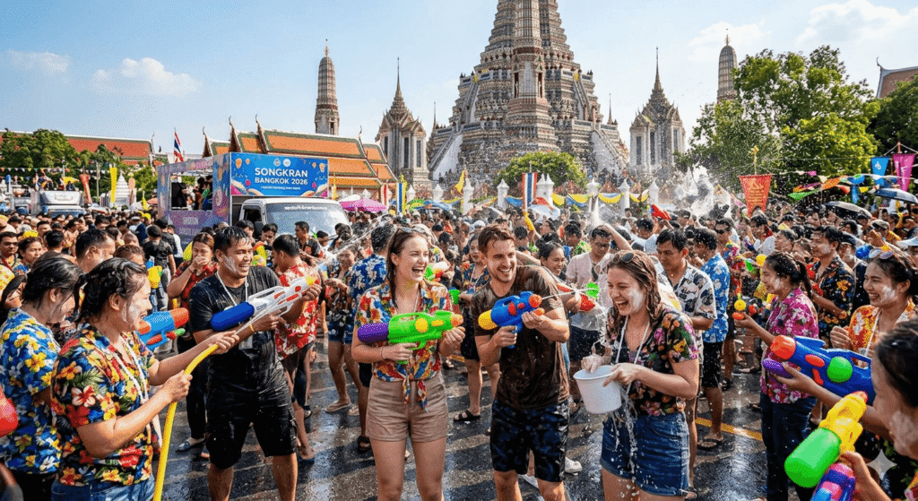 一張示意曼谷潑水節現場的示意圖片。畫面中，您可以看到在鄭王廟旁邊，人們正穿著彩色的衣服，開心地用大水桶、水槍和臉盆互相潑水。背景則是鄭王廟的佛塔，完美呈現了曼谷獨特的傳統與狂歡並存的氣氛。