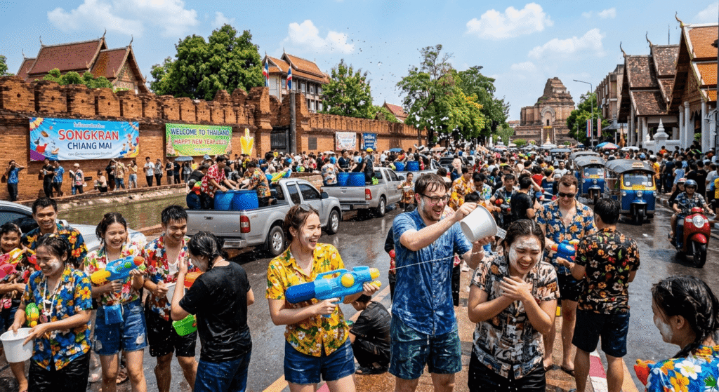 一張示意清邁潑水節現場的示意圖片。畫面中，您可以看到在古城牆旁邊，人們正穿著彩色的衣服，開心地用大水桶、水槍和臉盆互相潑水。背景則是柴迪隆寺的佛塔遺跡，完美呈現了清邁獨特的傳統與狂歡並存的氣氛。