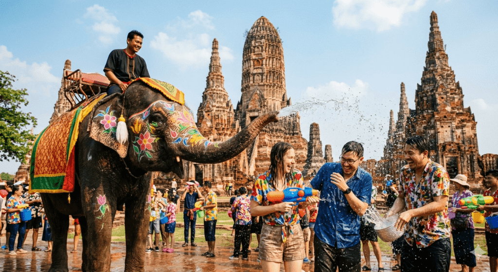 一張示意大城潑水節人象互動的示意圖片。畫面中，大象身上畫有美麗的花紋，正開心地向遊客噴水，遊客們也都穿著花襯衫，笑容滿面地享受著水戰。背景則是著名的柴瓦塔那蘭寺，完美呈現了大城獨特的歷史節慶氛圍。