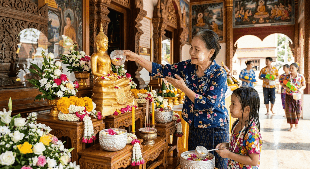 一張示意潑水節習俗「浴佛」的圖片。畫面中，您可以看到一位身穿泰國傳統服飾的老婦人，正虔誠地將撒上鮮花的淨水淋灑在一尊金色的佛像上。旁邊擺滿了鮮花、蠟燭和香，呈現出莊嚴肅穆的宗教儀式氛圍。
