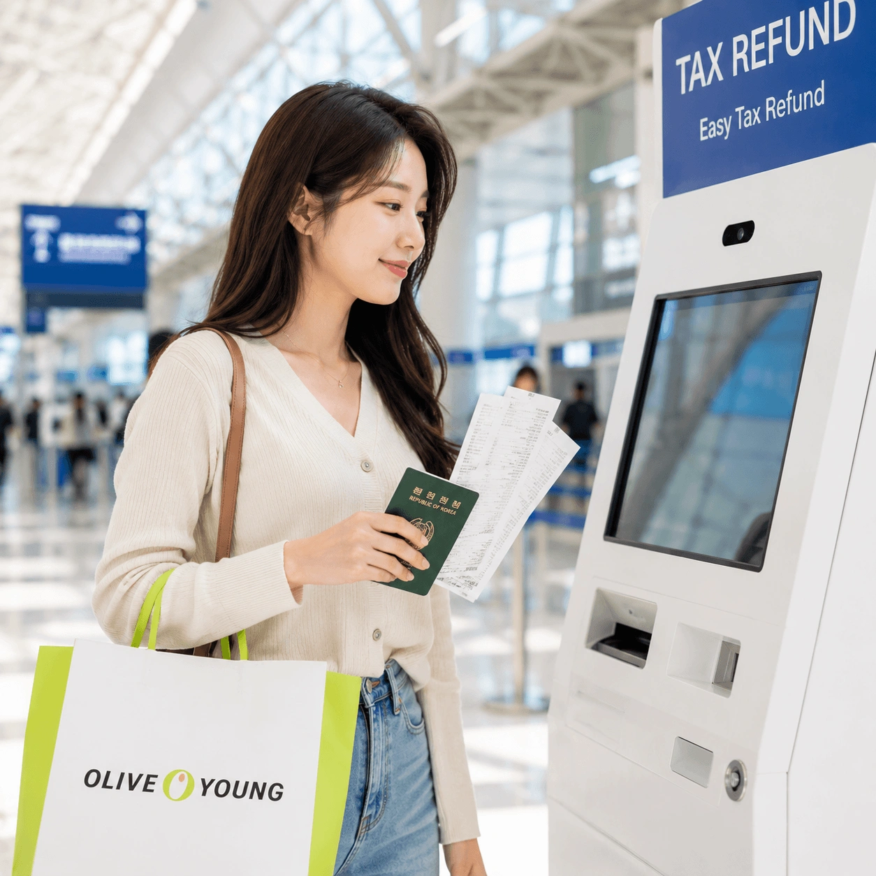 韓國機場退稅流程與旅客辦理退稅示意圖