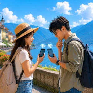 旅客在海外旅遊時使用 eSIM 熱點分享功能，透過手機嘗試連接網路，示意 eSIM 熱點分享失敗排查與設定教學情境。