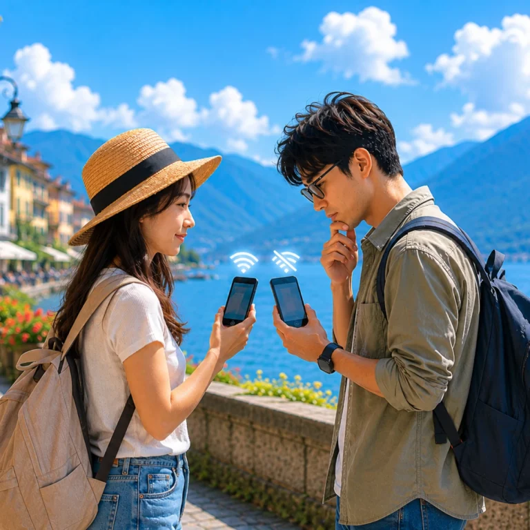 旅客在海外旅遊時使用 eSIM 熱點分享功能，透過手機嘗試連接網路，示意 eSIM 熱點分享失敗排查與設定教學情境。